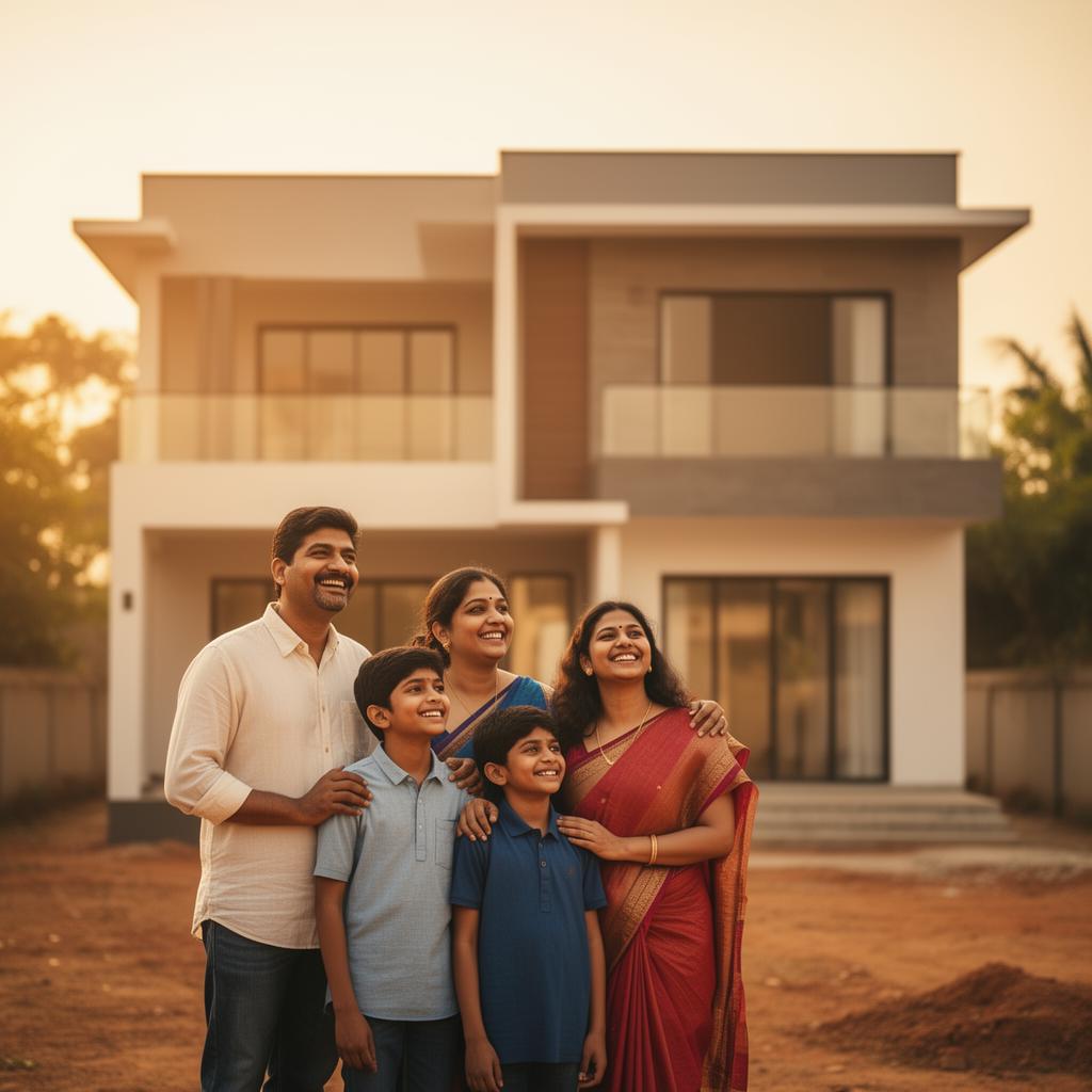 Happy family standing in front of their new home